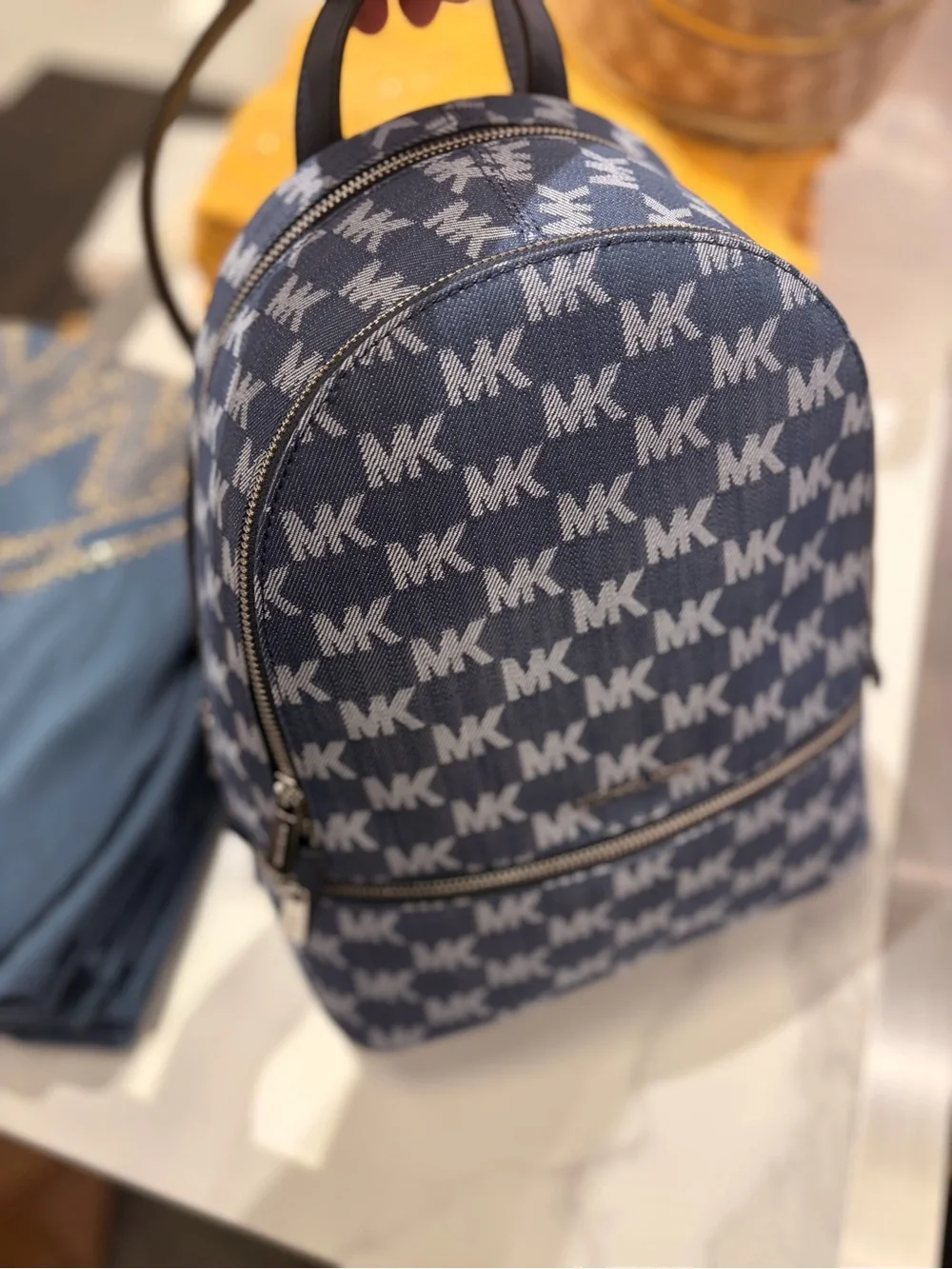Michael Kors Denim Blue MK Monogram Rhea Backpack Medium denim new